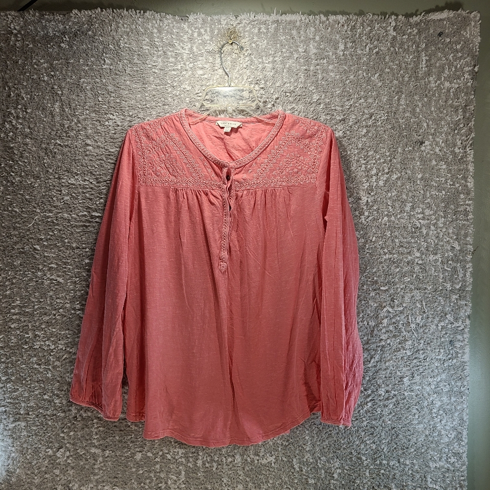 Lucky Brand Women’s Top Blouse Embroidered Boho Long Sleeve Large Pink Cotton